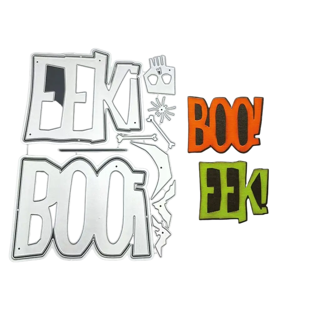 Set of halloween tombstone metal cutting dies featuring bold boo and eek lettering with skulls bats and spiders