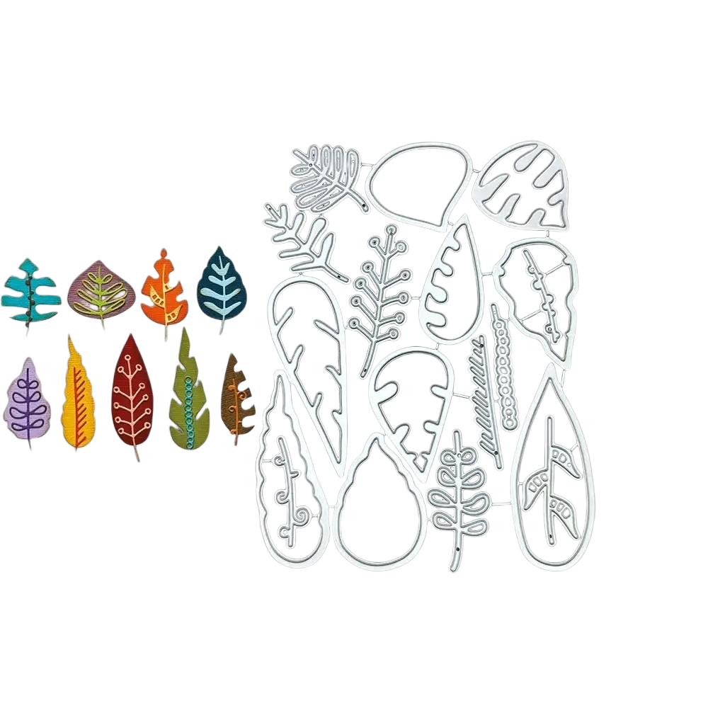 Set of white metal leaf shaped cutting dies with intricate designs displayed alongside colorful illustrated leaf cutouts for halloween tombstone crafting