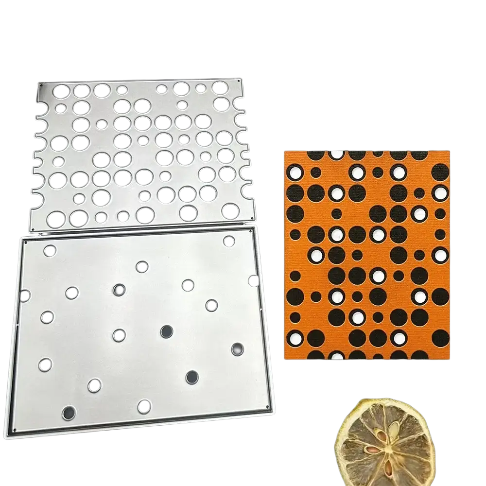 Silver metal die cutting stamp set with circular patterns displayed with orange fabric sample halloween tombstone design