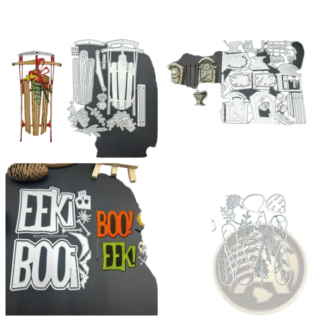 Halloween tombstone metal cutting dies featuring festive metal die-cutting sets with sleighs, tombstones, spooky words, and colorful leaves