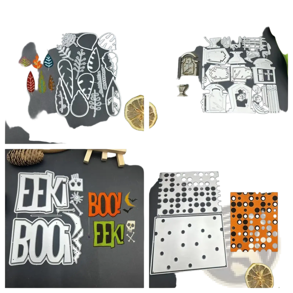 Halloween tombstone metal cutting dies featuring vibrant orange and green spooky designs on metal die-cutting sheets