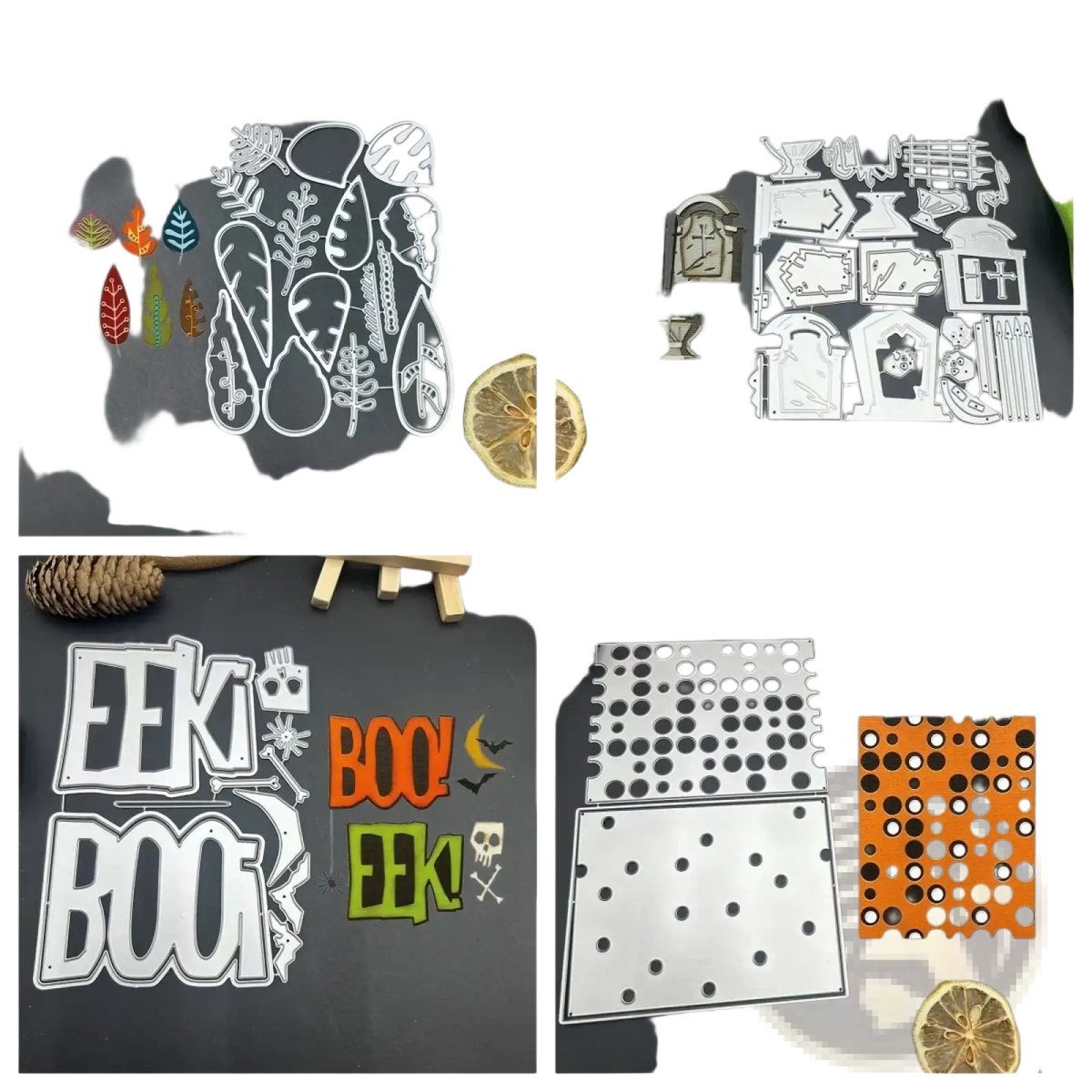 Halloween tombstone metal cutting dies featuring vibrant orange and green spooky designs on metal die-cutting sheets
