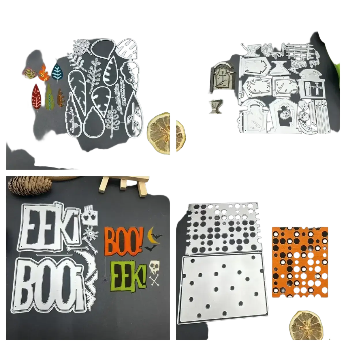 Halloween tombstone metal cutting dies featuring vibrant orange and green spooky designs for cutting dies crafting