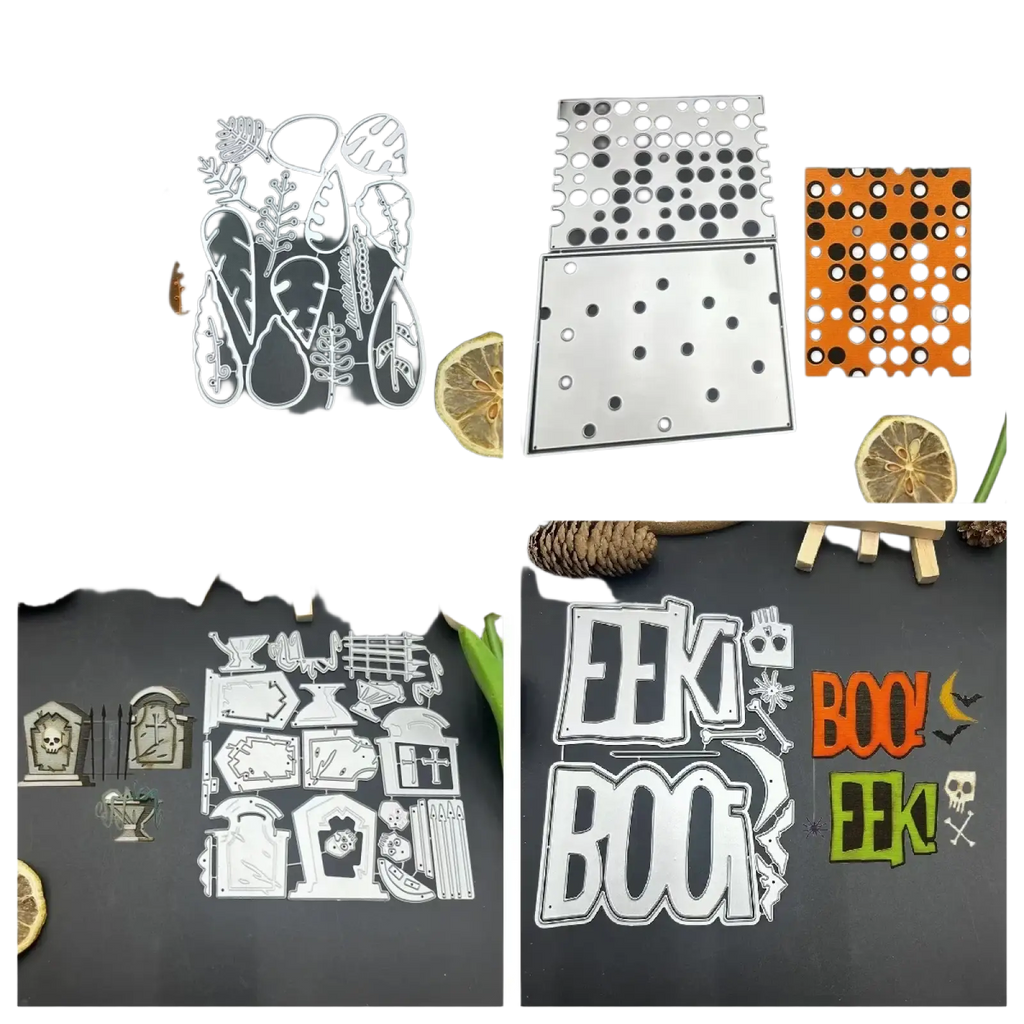 Halloween tombstone metal cutting dies featuring spooky orange and green leaf tombstone and boo text designs