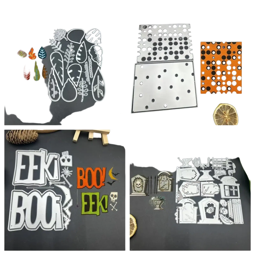 Halloween tombstone metal cutting dies featuring spooky leaves skulls tombstones and festive phrases in silver steel