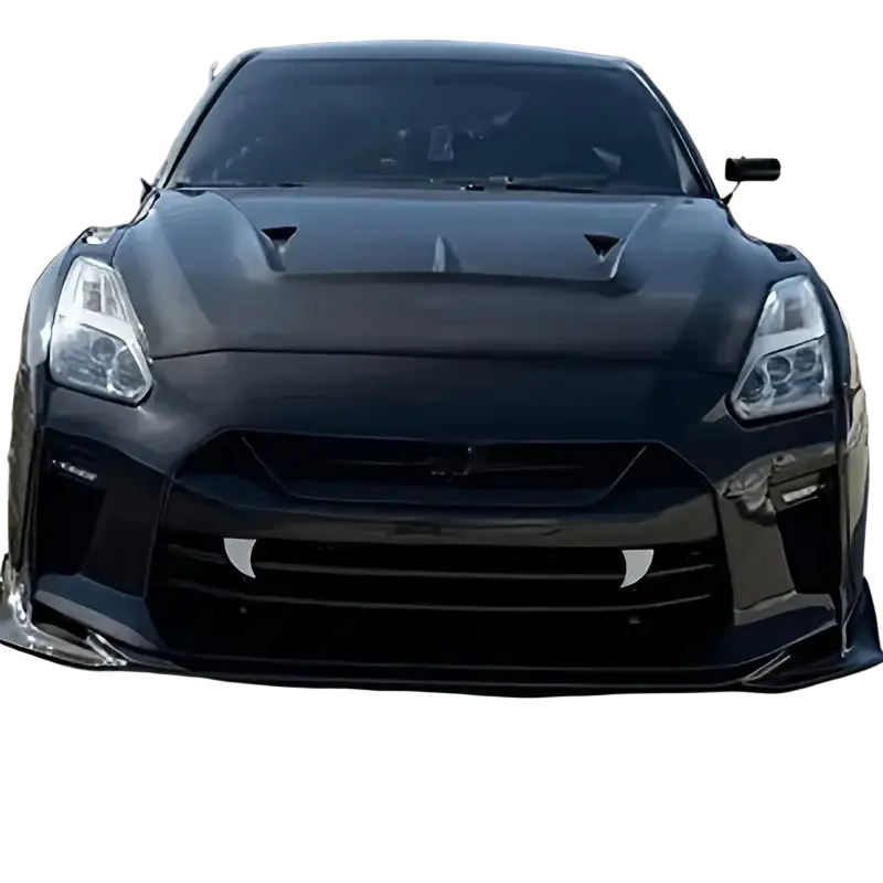 Black matte-finished nissan gt-r with aggressive aerodynamic body kit and halloween vampire teeth car decals plastic monster fangs