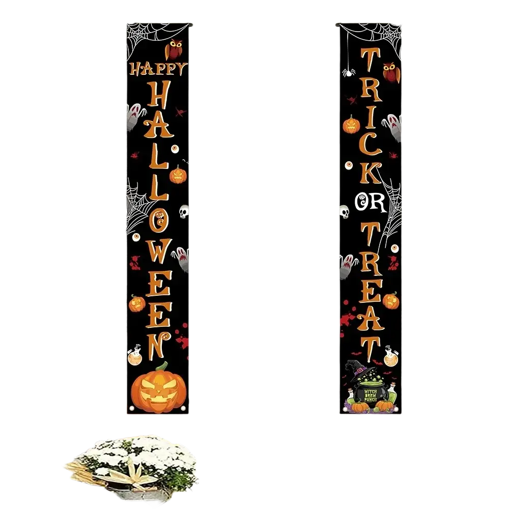 Black halloween welcome banner with orange lettering and spooky illustrations hanging on either side of a red door