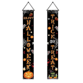 Halloween welcome banner spooky vertical porch sign with black background, orange lettering, pumpkins, owls, spiders, and ghosts