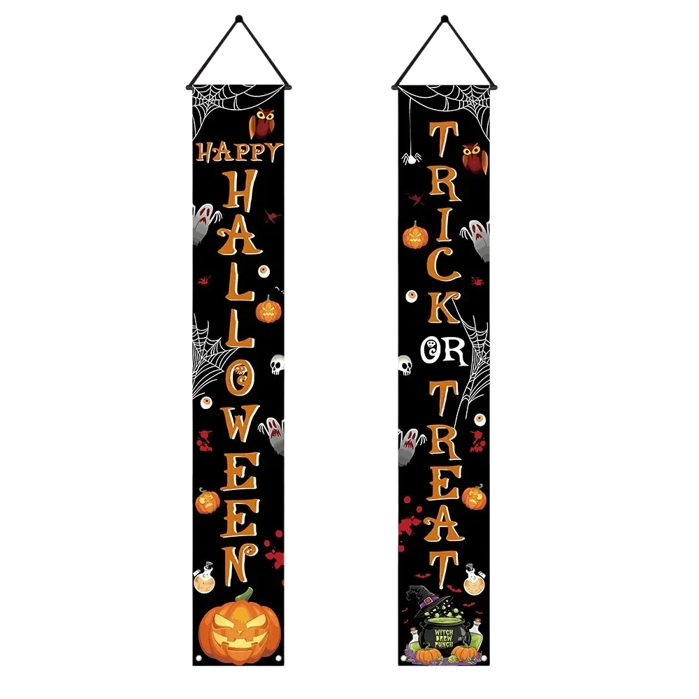 Halloween welcome banner spooky vertical porch sign with black background, orange lettering, pumpkins, owls, spiders, and ghosts