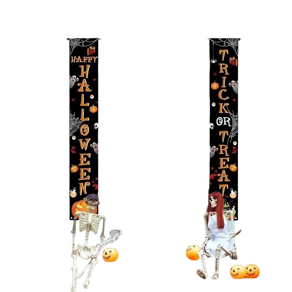 Halloween welcome banner spooky vertical porch sign in black with orange text and spooky illustrations above front door