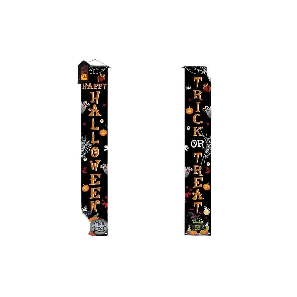 Halloween welcome banner spooky vertical porch sign with black fabric, orange text, and spooky illustrations on door sides