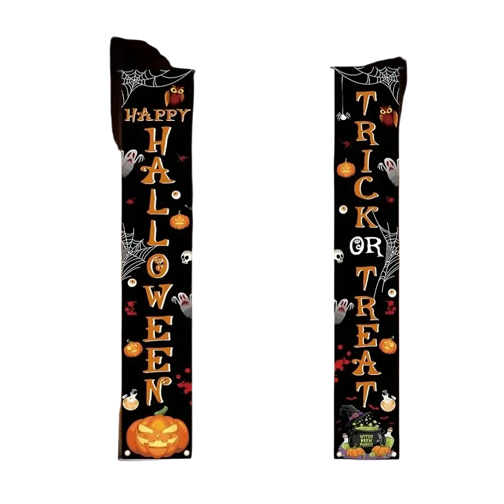 Black halloween welcome banner with orange lettering and spooky pumpkin ghost owl spider illustrations for porch decor