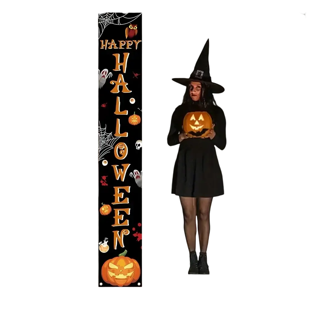 Black halloween welcome banner with orange text and decorative pumpkins bats spiders and owls for spooky porch display