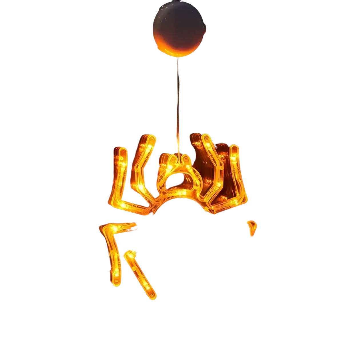 A glowing amber led halloween window light chandelier with a spherical top and intricate spider-like arms for decor