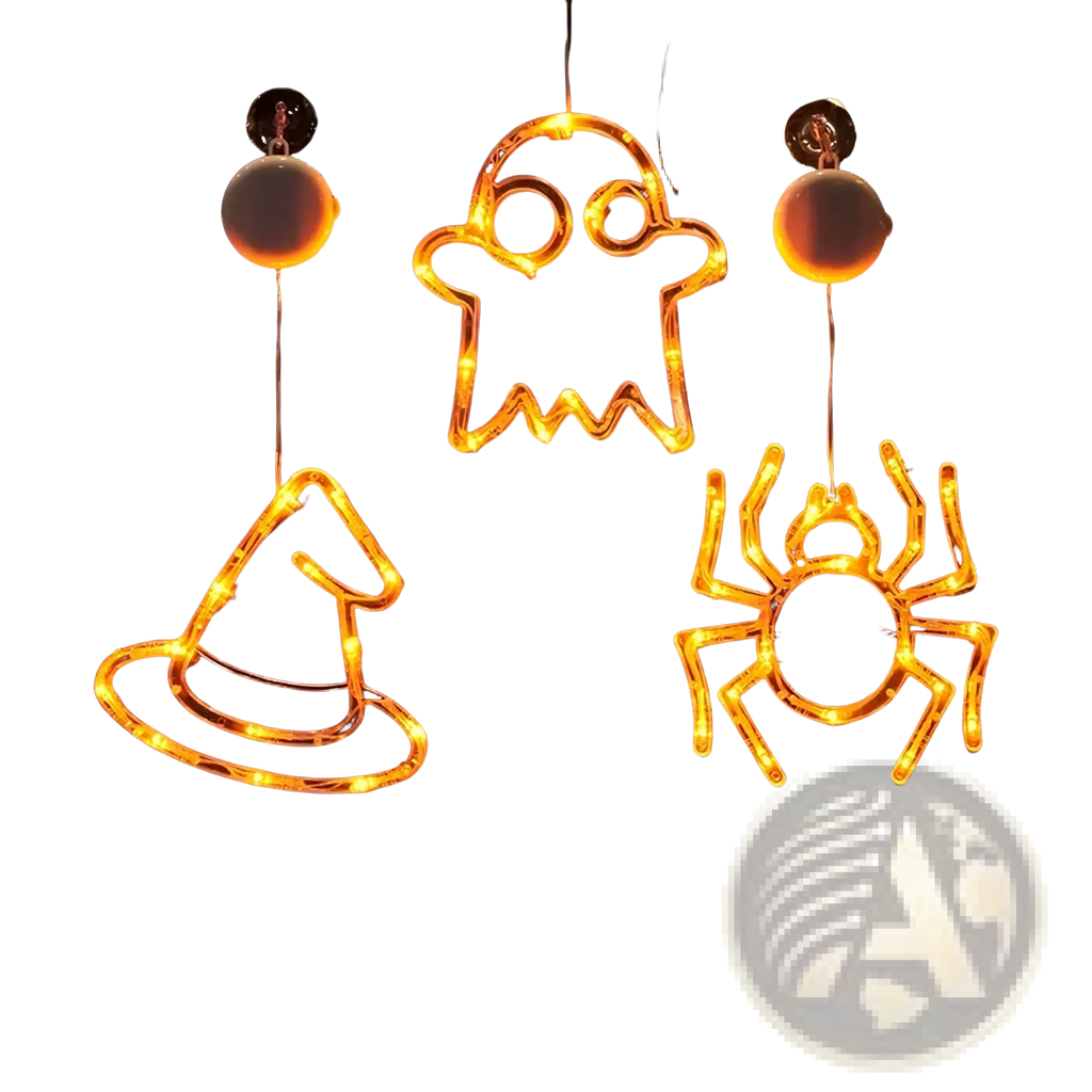 Orange led light-up halloween window decorations featuring a ghost witch hat and spider battery operated pumpkin ghost decor