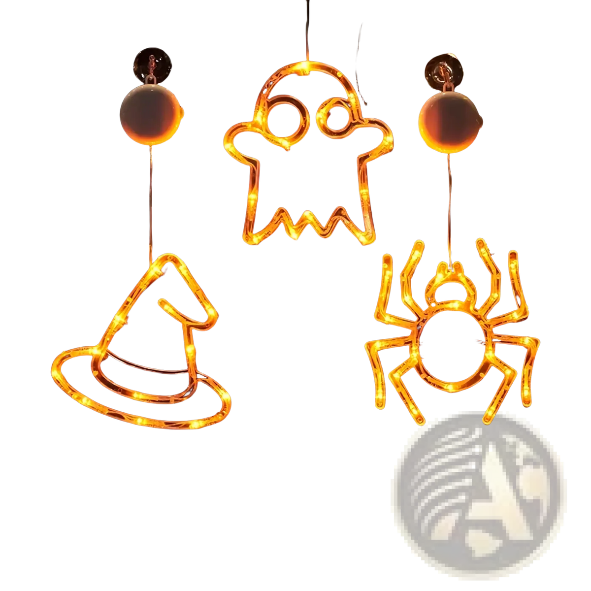 Orange led light-up halloween window decorations featuring a ghost witch hat and spider battery operated pumpkin ghost decor
