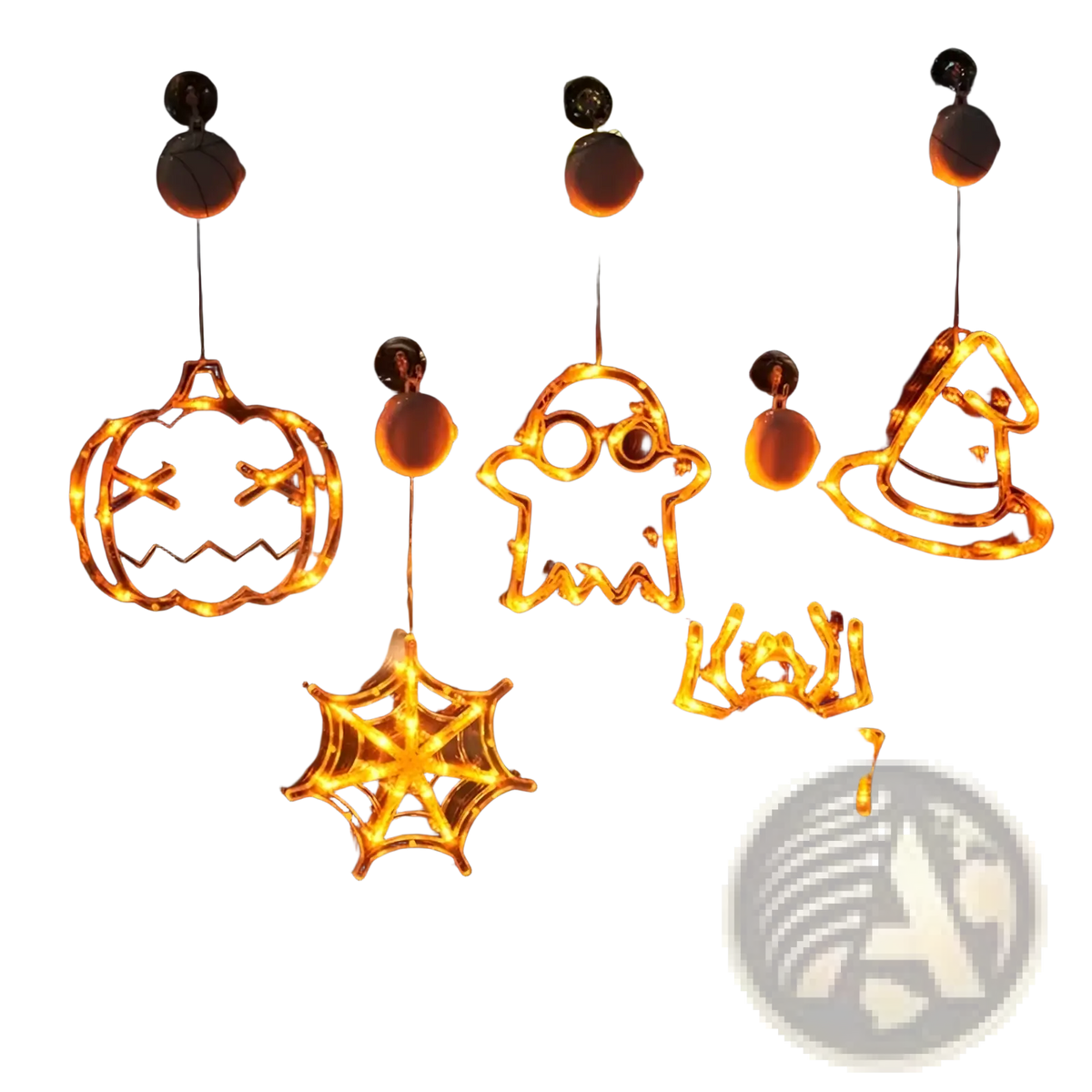 Orange glowing halloween window light battery operated pumpkin ghost decor with witch hat spider web and spider design