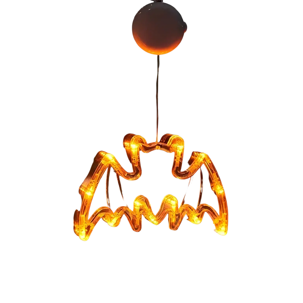 Orange led light-up bat-shaped window decoration with a spherical top for battery operated Halloween decor