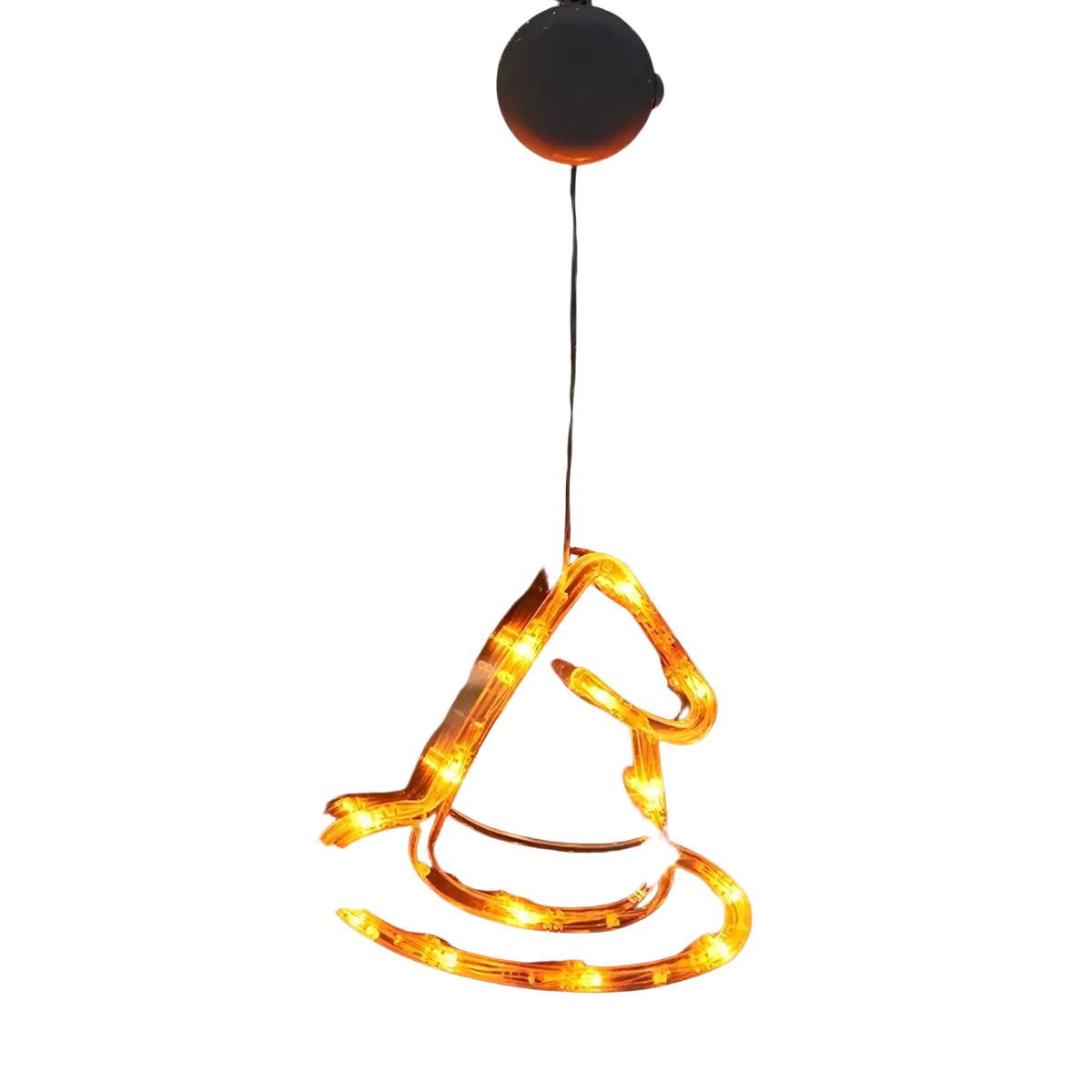A glowing orange led light-up witch hat hanging from a string for halloween window light battery operated decor