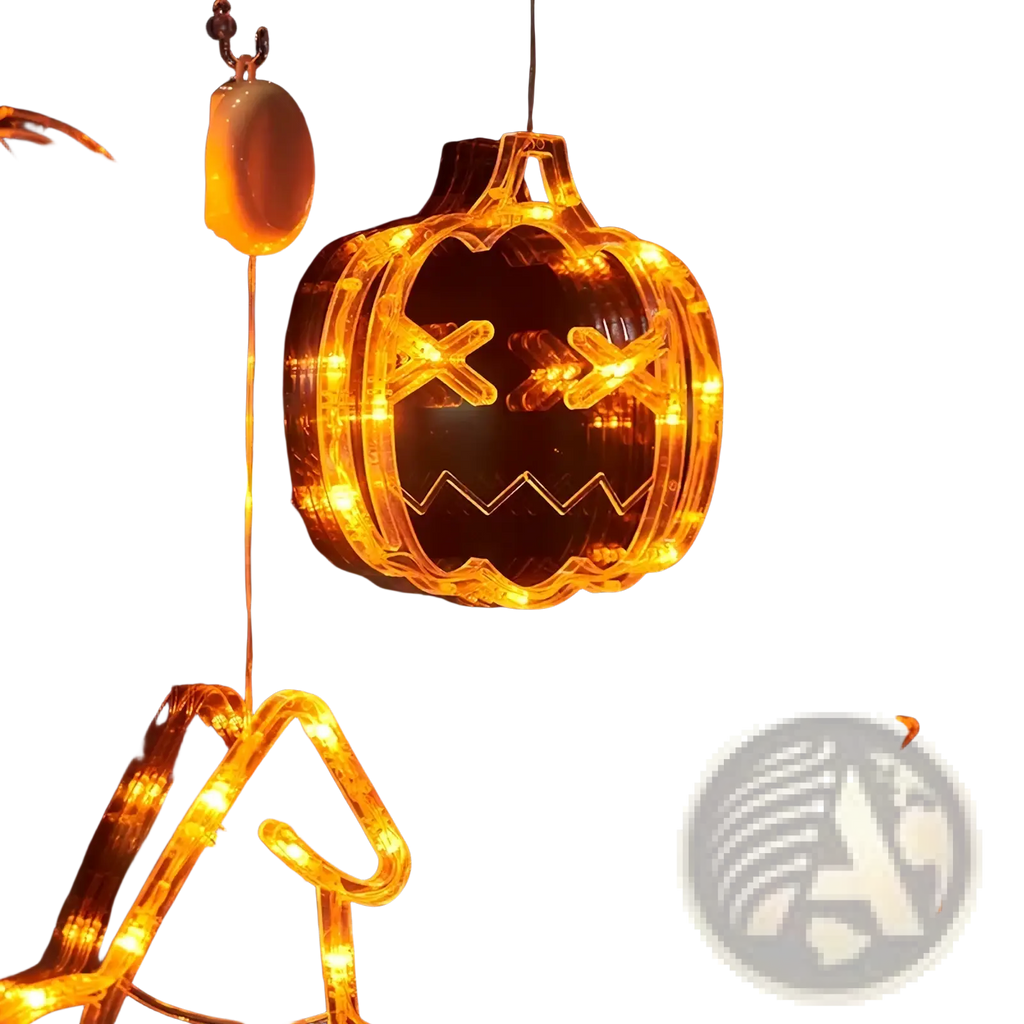 Orange glowing halloween pumpkin light decoration with carved face and led lights for window display decor