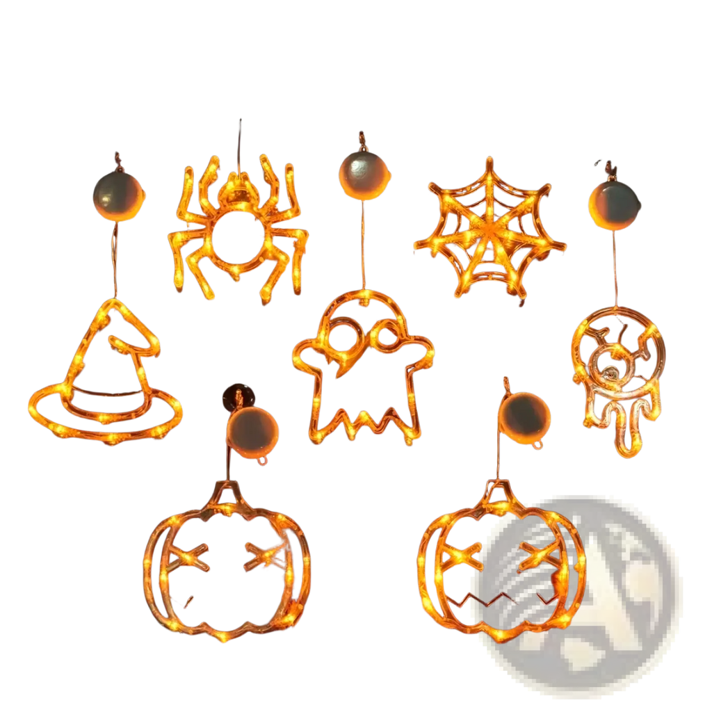 Set of battery operated halloween window lights featuring glowing orange led spider ghost pumpkin witch hat and web designs