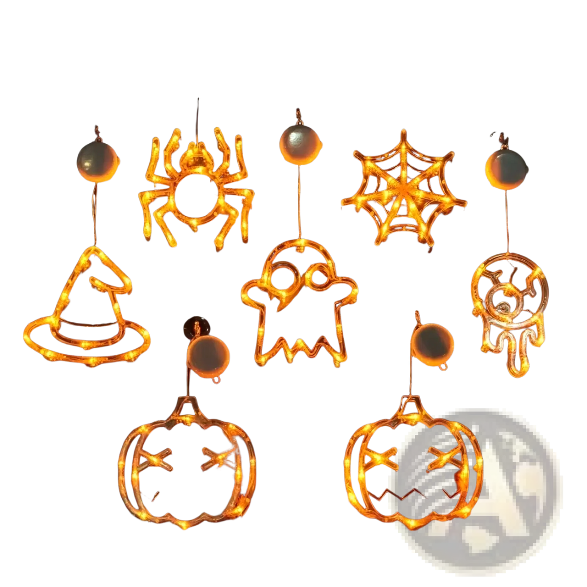 Set of battery operated halloween window lights featuring glowing orange led spider ghost pumpkin witch hat and web designs