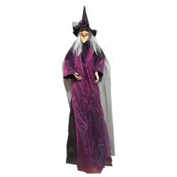 A 180cm tall halloween witch decoration with a purple velvet robe black hat and long white hair for halloween witch decorations