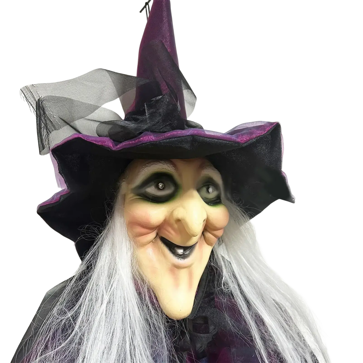 Purple and black halloween witch decorations animated talking prop with long white hair and sheer pointed hat