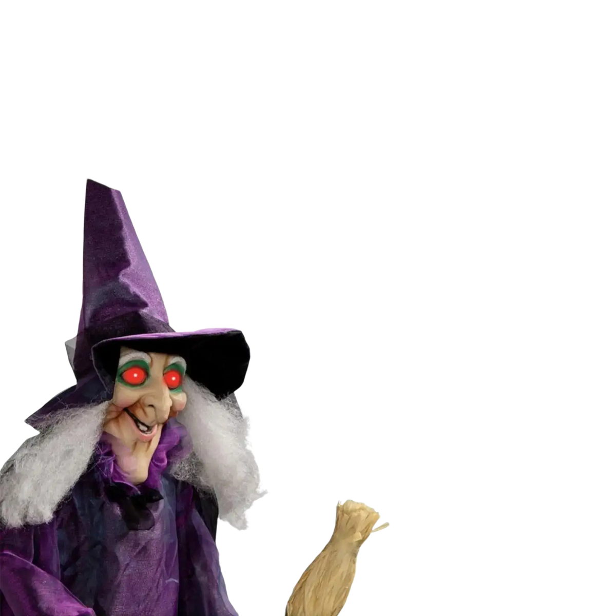 Purple halloween witch decoration figurine with glowing red eyes long white beard animated talking prop