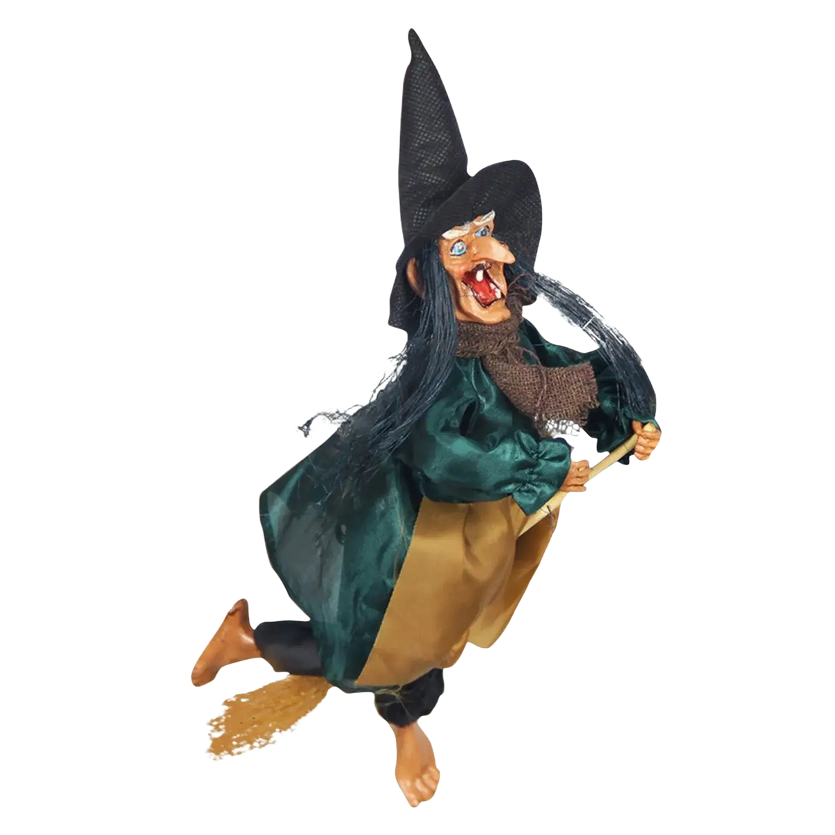 A halloween hanging witch pendant wearing a green satin robe and tall black hat riding a broomstick animated prop