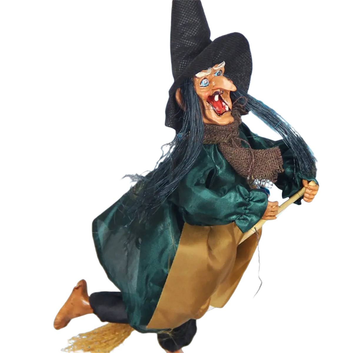 Halloween witch hanging animated prop with black pointed hat green satin robe and tan pants witch pendant design