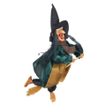 Halloween witch hanging animated prop with black hat green satin robe and long dark hair riding a broomstick witch pendant