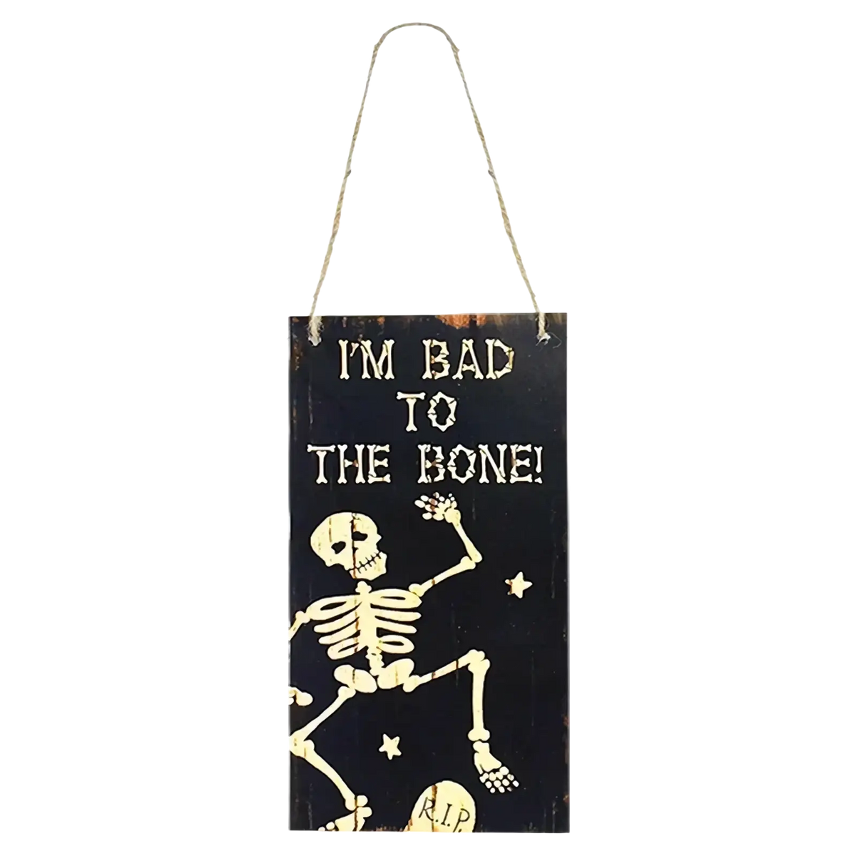 Black wooden halloween hanging sign with yellow skeleton and distressed white text for pumpkin door decoration