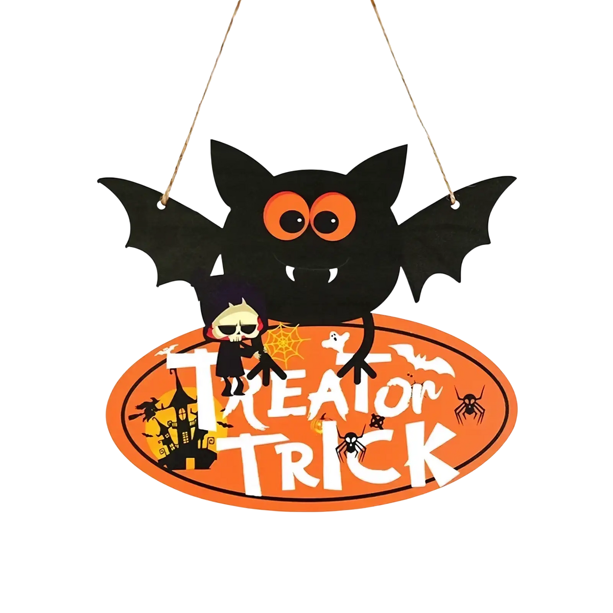 Black wooden halloween door hanger shaped like a bat with orange eyes smiling face and treat or trick sign