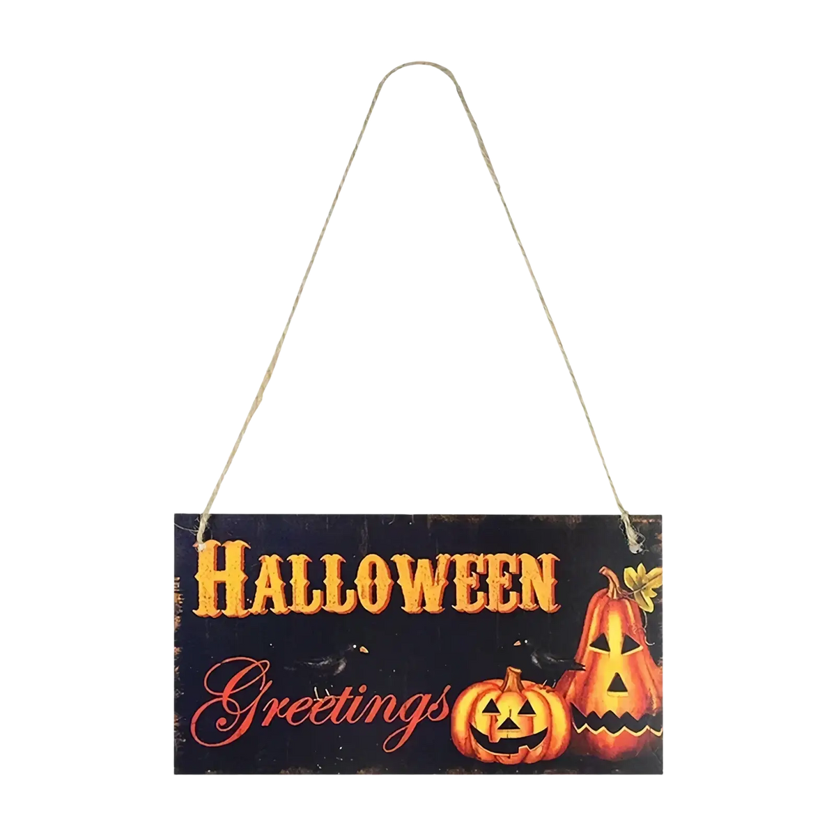 Dark blue wooden halloween hanging sign with orange red lettering and carved pumpkin illustrations for door decor