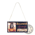 Halloween wooden hanging sign with a carved owl on a pumpkin featuring distressed black beige paint and gold pink lettering