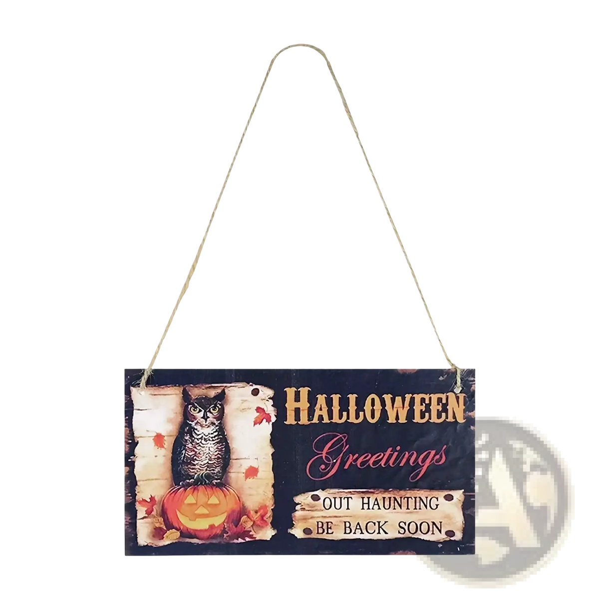 Halloween wooden hanging sign with a carved owl on a pumpkin featuring distressed black beige paint and gold pink lettering