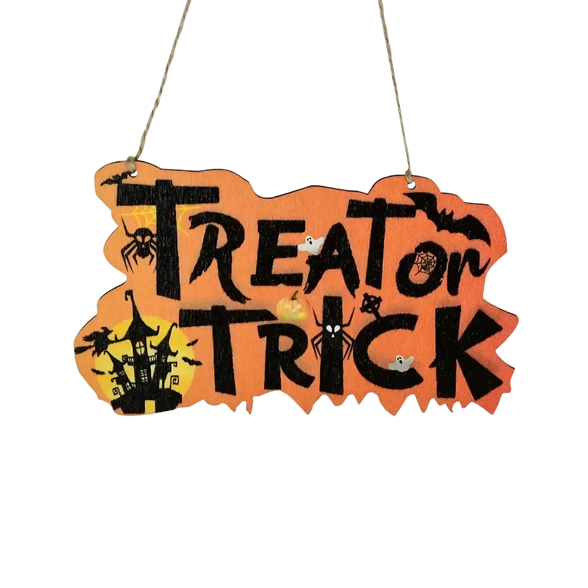 Orange wooden halloween hanging sign with black treat or trick lettering and spooky cutouts for door decoration