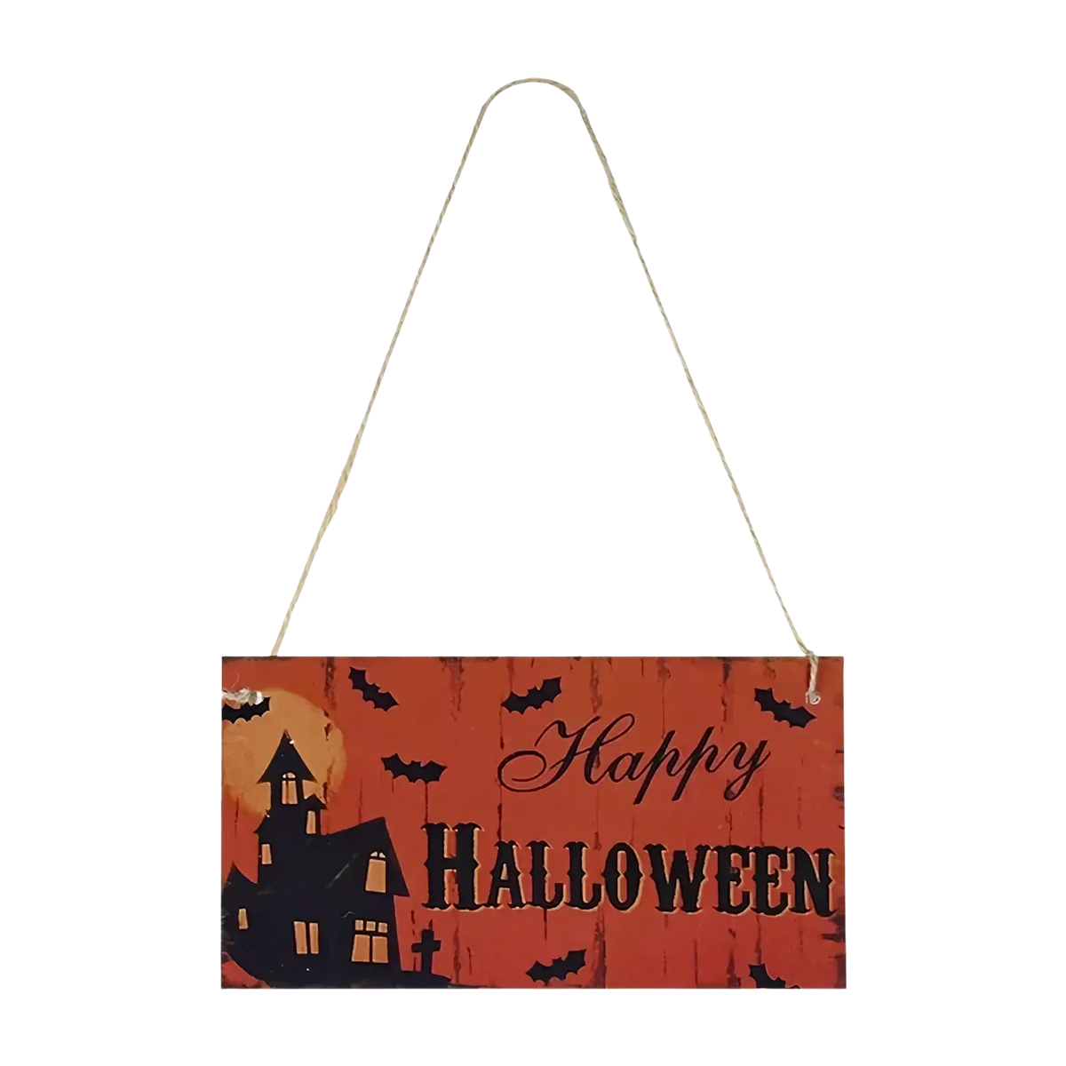Orange wooden halloween hanging sign with black text and bat illustrations for pumpkin door decoration