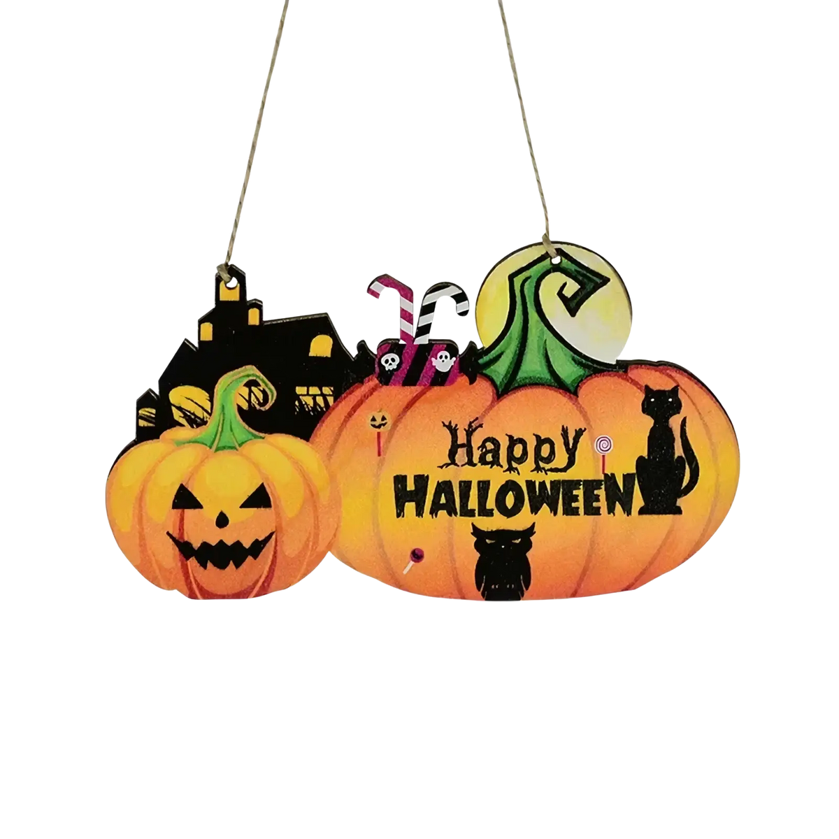 Orange wooden halloween hanging sign featuring carved pumpkins haunted house candy canes black cats with happy halloween text