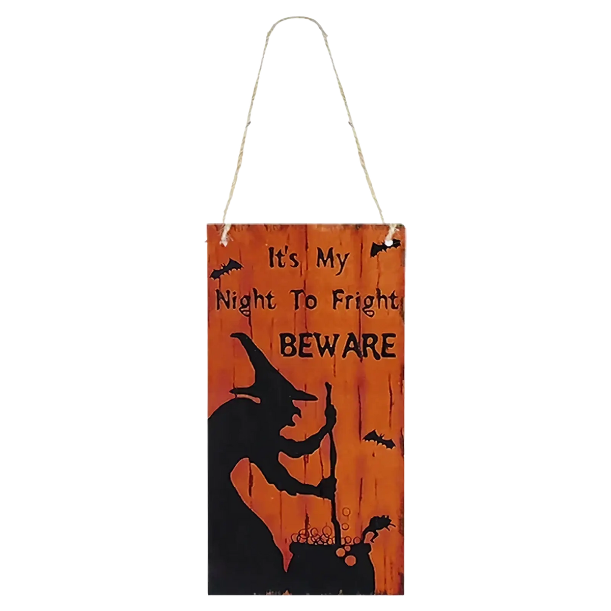 Orange wooden halloween hanging sign with black witch silhouette and bats for pumpkin door decoration