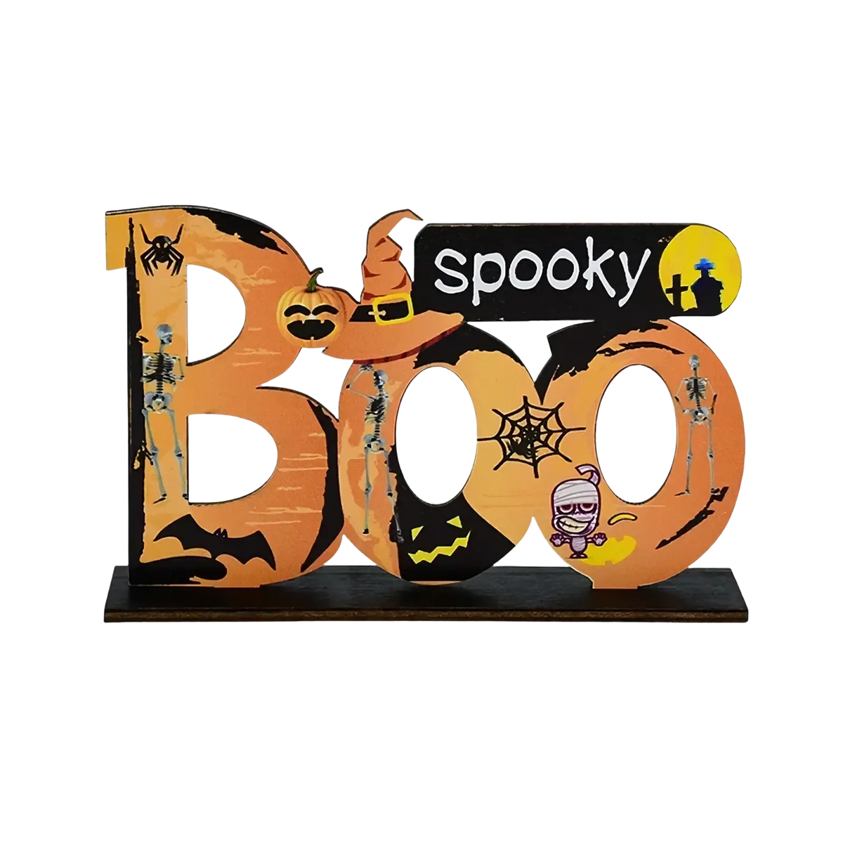 Orange and black halloween wooden hanging sign with boo text and spooky skeleton pumpkin bat mummy illustrations