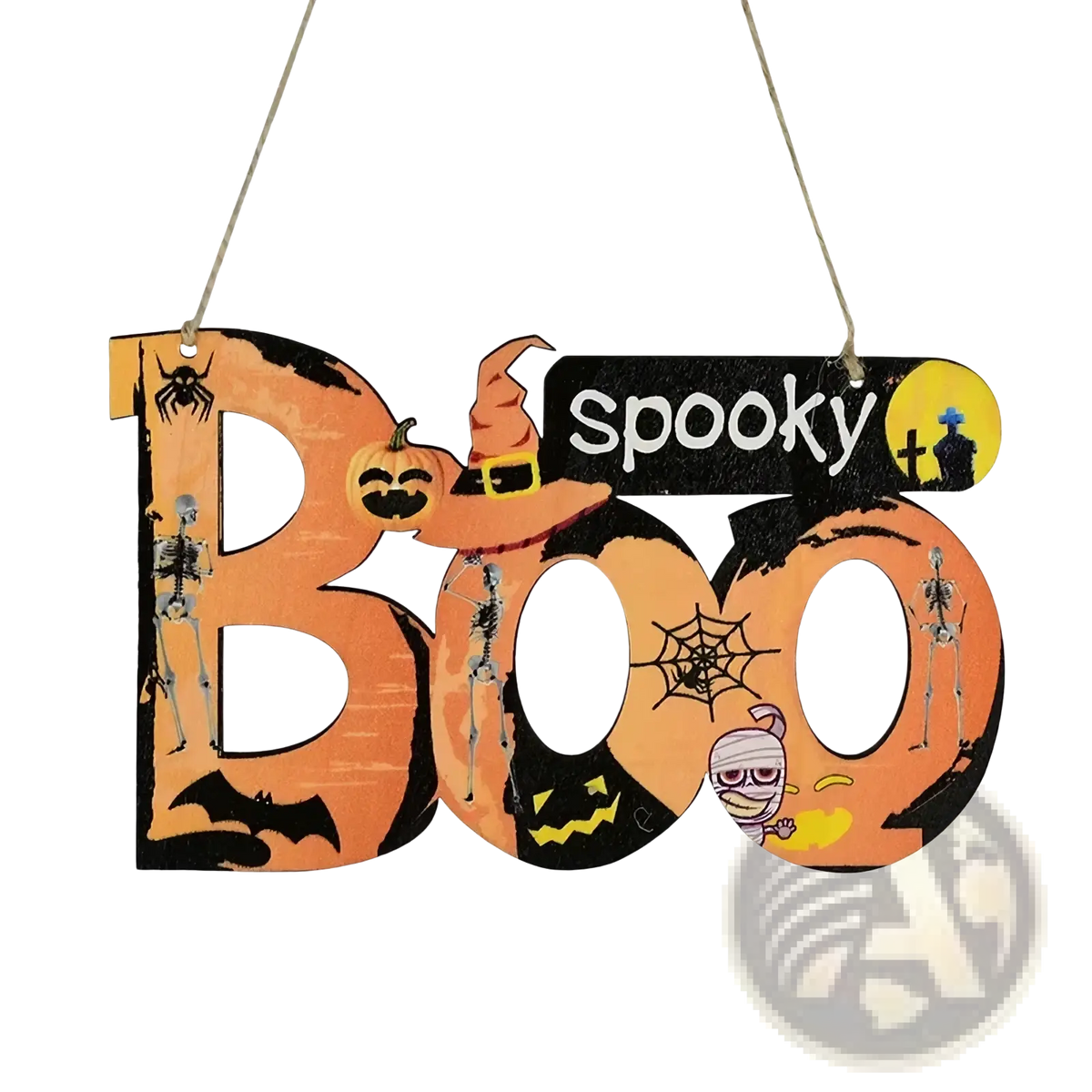 Halloween wooden hanging sign in orange and black featuring boo with spooky skeletons pumpkin bats spiders and mummy decor