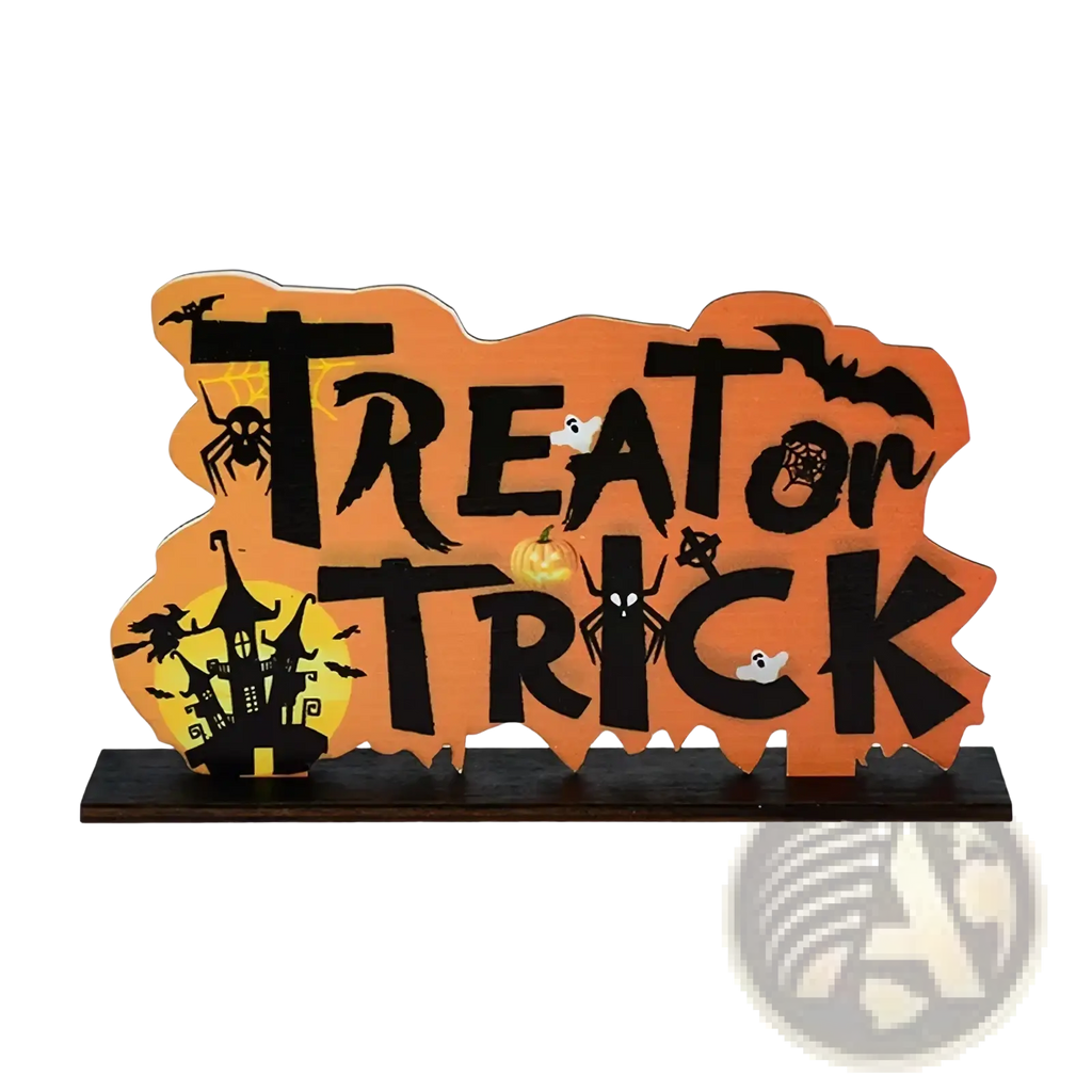 Orange and black halloween wooden hanging sign with treat or trick lettering and spooky cutouts for door decoration