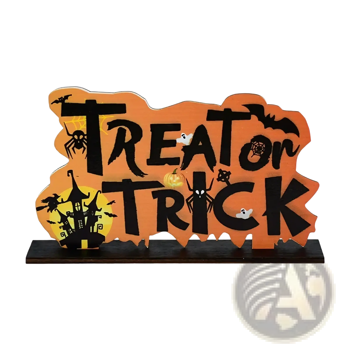 Orange and black halloween wooden hanging sign with treat or trick lettering and spooky cutouts for door decoration