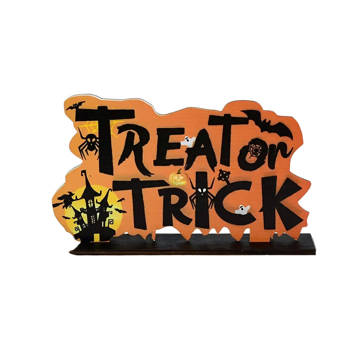 Orange and black halloween wooden hanging sign with treat or trick lettering and spooky cutouts for door decoration