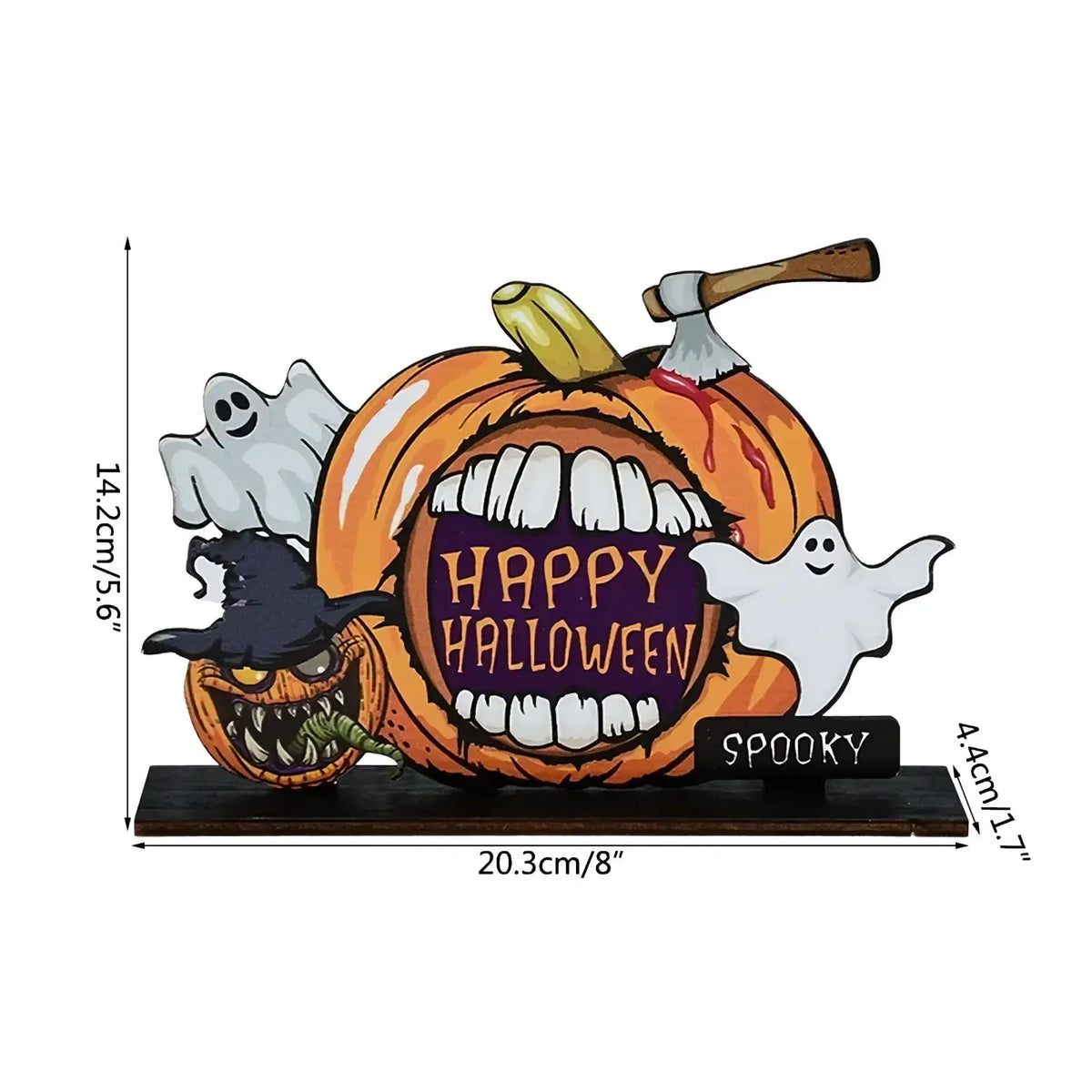 Halloween wooden hanging sign pumpkin door decoration in orange with white ghost figures black witch hat and happy halloween text