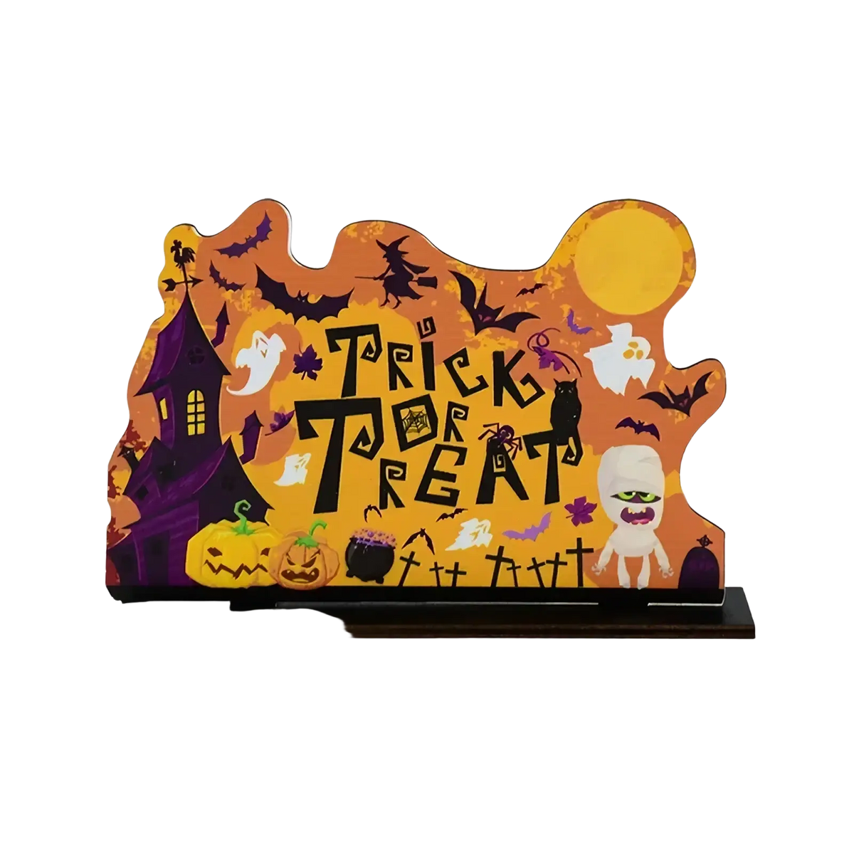 Orange and purple halloween wooden hanging sign with trick or treat lettering and carved pumpkins ghosts bats and witch house