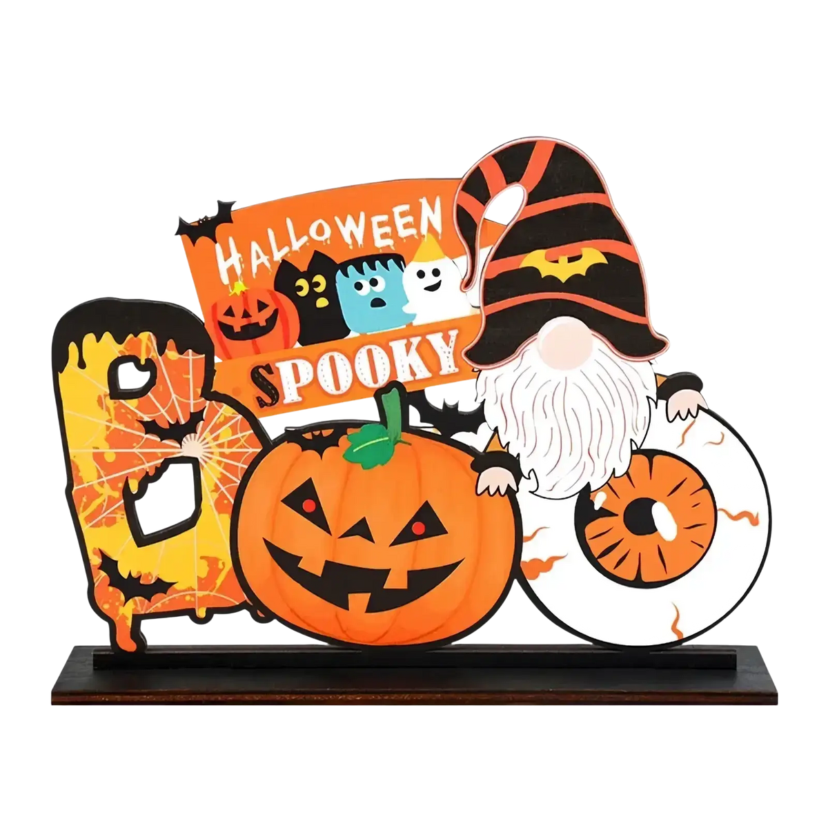 Orange halloween wooden hanging sign featuring jack-o-lantern, witch gnome, and cartoon ghosts with halloween spooky text