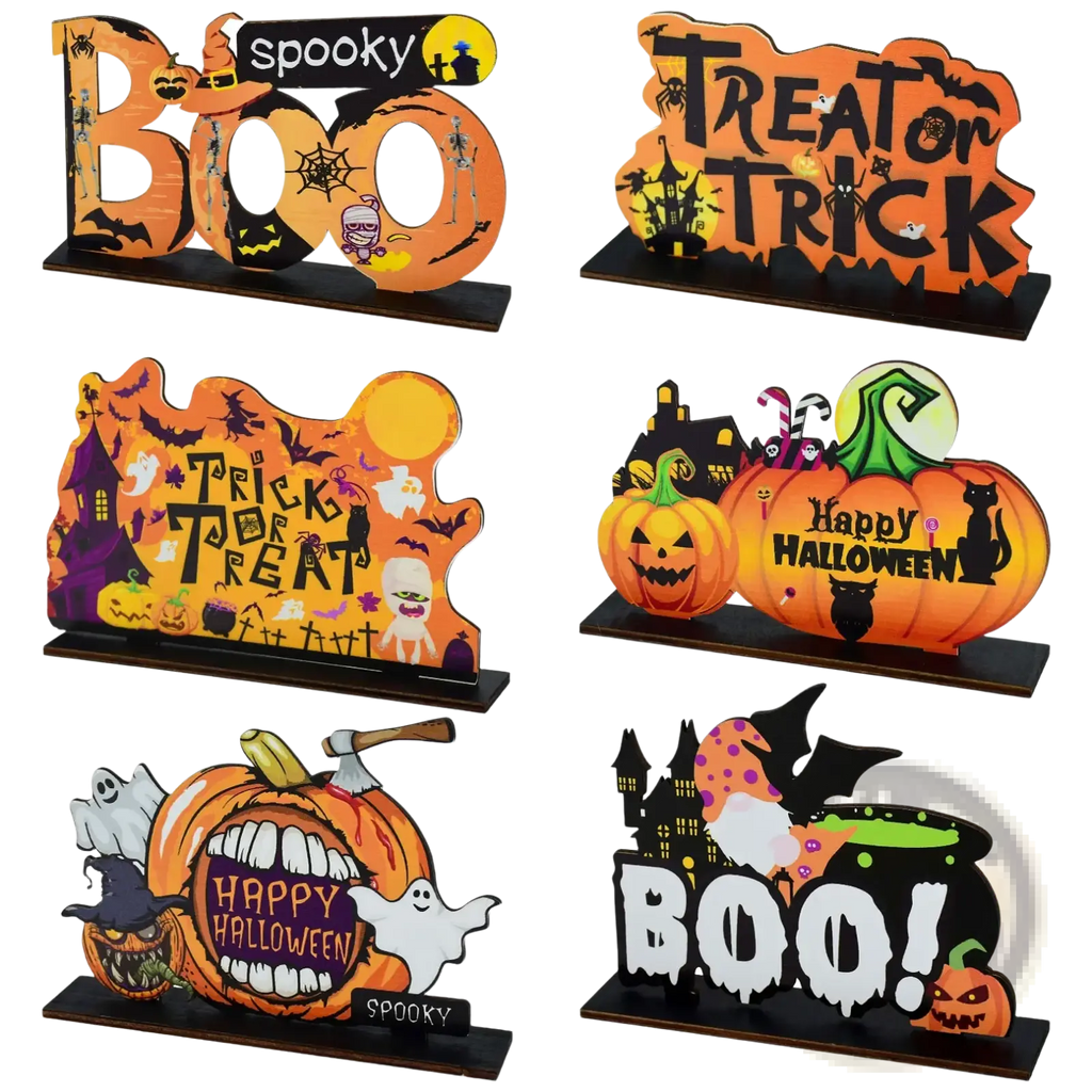 Orange halloween wooden hanging sign with black spooky pumpkin ghost bat and haunted house cutouts for door decoration